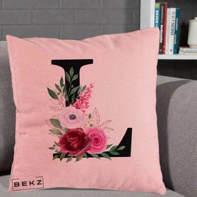 Cadou Personalizat - Perna Personalizata Monograma Florala Litera L, 40x40 cm, Roz, Husa Detasabila, Perna Inclusa, BEKZ®