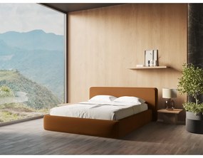 Pat matrimonial teracotă tapițat cu spațiu de depozitare cu somieră 160x200 cm Kiana – Makamii