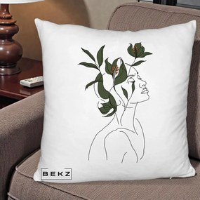 Perna Decorativa Portret Feminin Crin Verde, 40x40 cm, Alb Pufos, Husa Detasabila, Perna Inclusa, BEKZ®