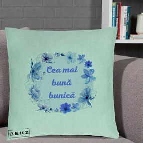 Cadou pentru Bunica - Perna Personalizata Cea Mai Buna Bunica Coronita Flori Albastre Acuarela, 40x40 cm, Verde Menta, Husa Detasabila, Perna Inclusa, BEKZ®