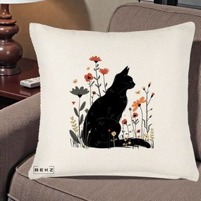 Perna Decorativa Pisica Neagra Profil Flori Portocalii, 40x40 cm, Crem Reliefat, Husa Detasabila, Perna Inclusa, BEKZ®