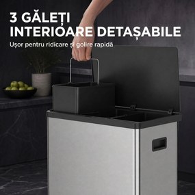 HOMCOM Coș de gunoi automat cu senzor, 54 L, 3 compartimente, oțel inoxidabil, argintiu | Aosom Romania