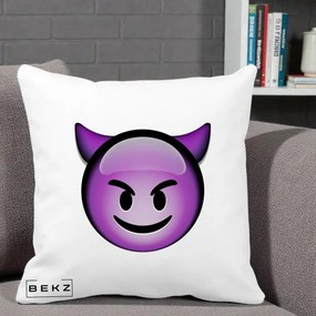 Perna Decorativa Emoji Diavol Mov, 40x40 cm, Alba Mata, Husa Detasabila, Perna Inclusa, BEKZ®