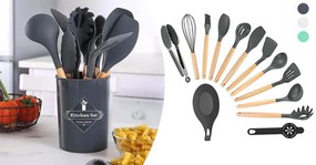 Set ustensile de bucatarie 14 piese, cu cap din silicon termorezistent si suport, gri inchis