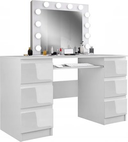 Masuta machiaj cu Oglinda LED si 6 Sertare pentru Cosmetice, Set Masa toaleta 130 cm, Alb Lucios, masuta cosmetica, vanity - SEA540