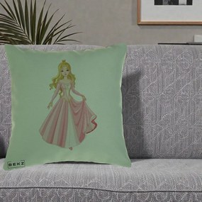 Perna Decorativa Printesa Aurora Rochie Roz, 40x40 cm, Verde, Husa Detasabila, Perna Inclusa, BEKZ®