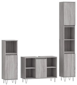 3190305 vidaXL Set mobilier de baie, 3 piese, gri sonoma, lemn prelucrat