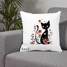 Perna Decorativa Pisica Neagra Flori Roz si Inimi, 40x40 cm, Alba Mata, Husa Detasabila, Perna Inclusa, BEKZ®