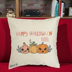 Perna Decorativa Happy Halloween Boo Trei Dovlecei Kawaii, 40x40 cm, Ecru, Husa Detasabila, Perna Inclusa, BEKZ®