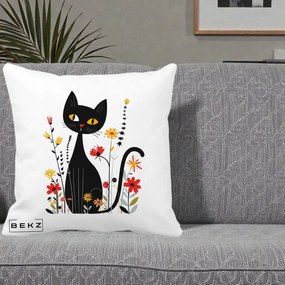 Perna Decorativa Pisica Neagra Ochi Galbeni Flori, 40x40 cm, Alba Mata, Husa Detasabila, Perna Inclusa, BEKZ®