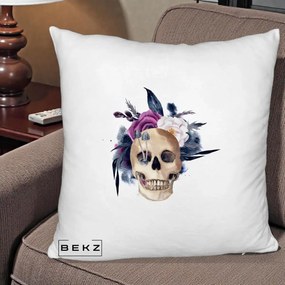 Perna Decorativa Craniu Floral cu Trandafiri si Ciuperci, 40x40 cm, Alb Pufos, Husa Detasabila, Perna Inclusa, BEKZ®
