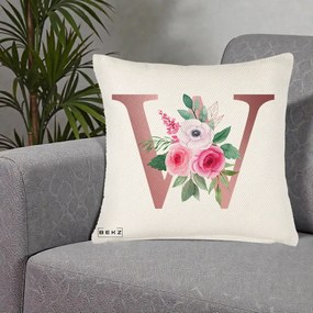 Cadou Personalizat - Perna Personalizata Monograma Rose Gold Litera W cu Trandafiri si Anemona, 40x40 cm, Crem Reliefat, Husa Detasabila, Perna Inclusa, BEKZ®