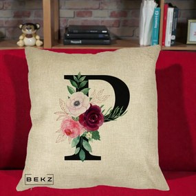 Cadou Personalizat - Perna Personalizata Monograma Florala Litera P, 40x40 cm, Crem, Husa Detasabila, Perna Inclusa, BEKZ®