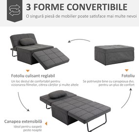 HOMCOM Canapea extensibilă cu Spătar Reglabil pe 5 Nivele și Pernă Suplimentară, 95x179x78 cm, Gri | Aosom Romania