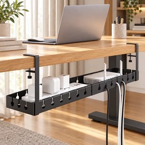 Organizator de cabluri sub birou, extensibil 43–74 cm, lățime 14 cm, prindere fără găurire, oțel carbon, Negru