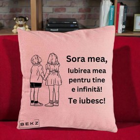 Cadou pentru Sora - Perna Personalizata Sora Mea Te Iubesc Copii Tinand Maini Line Art, 40x40 cm, Roz, Husa Detasabila, Perna Inclusa, BEKZ®