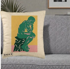 Perna Decorativa Ganditorul Sculptura Pop Art, 40x40 cm, Bej, Husa Detasabila, Perna Inclusa, BEKZ®