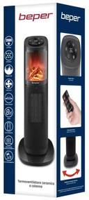 Incalzitor ceramic Beper P203TER011, 2000W, Afisaj LED, Efect foc 3D, Timer 8 ore, Negru