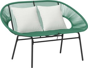Outsunny Bancă de Grădină 2 Locuri din Răchită PE, Canapea de Exterior cu Perne, Cotiere și Cadru din Oțel, Bancă pentru Terasă și Curte, 132x72x83 cm, Verde Închis | Aosom Romania
