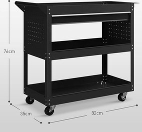 DURHAND Cărucior cu 3 Niveluri din Oțel cu Sertar, Suport Lateral pentru Unelte și Mâner, Negru | Aosom Romania