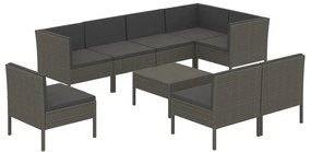 Set mobilier de gradina cu perne, 9 piese, gri, poliratan 5x mijloc + 3x colt + masa, 1