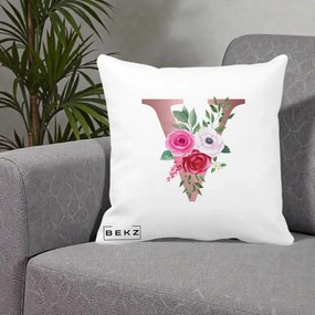 Cadou Personalizat - Perna Personalizata Monograma Rose Gold Litera V, 40x40 cm, Alba Mata, Husa Detasabila, Perna Inclusa, BEKZ®