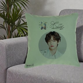 Perna Personalizata K-pop BTS V Taehyung Portret Cerc Autograf, 40x40 cm, Verde, Husa Detasabila, Perna Inclusa, BEKZ®
