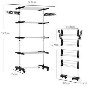 HOMCOM Uscător de Rufe Pliabil, Uscător Tip Turn cu 6 Roți, Cârlige și 4 Rafturi Reglabile, 142x55x172 cm, Argintiu | Aosom Romania