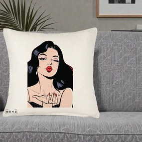 Perna Decorativa Femeie Pop-Art Kiss, 40x40 cm, Crem Reliefat, Husa Detasabila, Perna Inclusa, BEKZ®