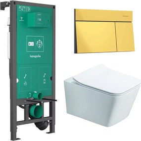 Rezervor incastrat Hansgrohe iFrame 112 cm cu clapeta iFrame Element E auriu lucios plus vas WC Rune Jord alb cu capac softclose