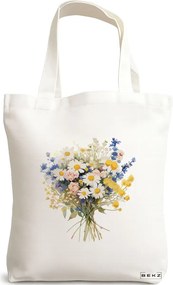 Sacosa de Panza pentru Cumparaturi, Geanta Tote, model Flower Bouquet 6, 38 x 34.5 cm, Alba, BEKZ®