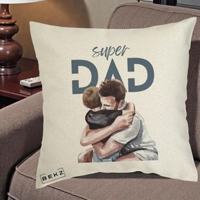 Cadou pentru Tata - Perna Personalizata Super Dad Tata si Fiu Imbratisare, 40x40 cm, Ecru, Husa Detasabila, Perna Inclusa, BEKZ®