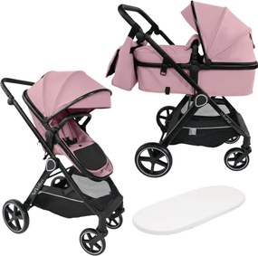 Carucior copii 2 in 1 Kidizi Moveo roz landou transformabil in parte sport, cadru black, de la nastere pana la 22 kg (0–4 ani), saltea si geanta incluse