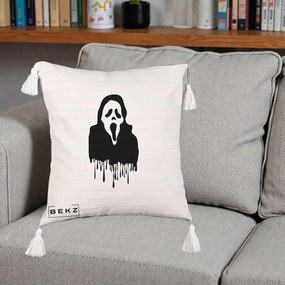 Perna Personalizata Halloween Ghostface Scream Picurand, 40x40 cm, Bej cu Franjuri, Husa Detasabila, Perna Inclusa, BEKZ®