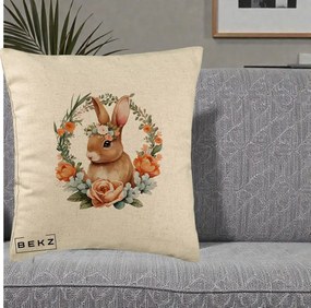 Perna Decorativa Iepuras Floral Coronita Acuarela, 40x40 cm, Bej, Husa Detasabila, Perna Inclusa, BEKZ®
