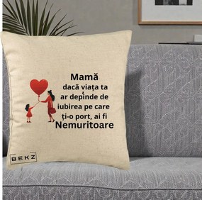 Cadou pentru Mama - Perna Personalizata Mama Nemuritoare cu Bebelus Kawaii, 40x40 cm, Bej, Husa Detasabila, Perna Inclusa, BEKZ®