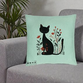 Perna Decorativa Pisica Neagra Flori Rosii Folk Minimal, 40x40 cm, Verde Menta, Husa Detasabila, Perna Inclusa, BEKZ®