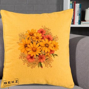 Perna Decorativa Floarea-Soarelui cu Cosmos Roz si Gypsophila, 40x40 cm, Galben, Husa Detasabila, Perna Inclusa, BEKZ®