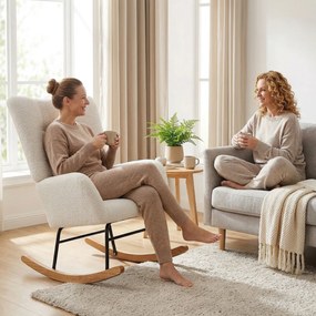 HOMCOM Balansoar, Fotoliu din Catifea Teddy, Scaun Relax cu Picioare din Lemn, Balansoar pentru Dormitor și Living, Alb Crem | Aosom Romania