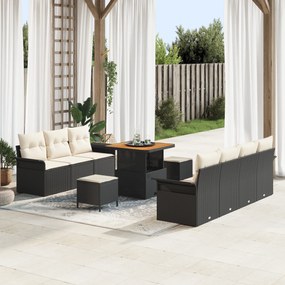 vidaXL Set de Sofas pentru Grădină din 10 Piese cu Perne, Ratan Poly Negru, Acacia