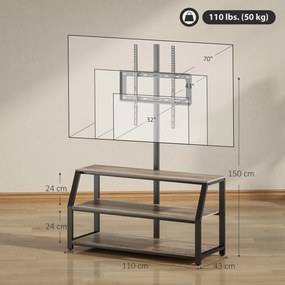 HOMCOM Comodă TV cu suport pentru televizoare până la 182,9 cm, comodă TV cu 2 rafturi deschise, 110x43x150cm, gri | Aosom Romania