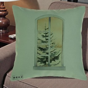 Perna Decorativa Fereastra cu Brad de Iarna, 40x40 cm, Verde, Husa Detasabila, Perna Inclusa, BEKZ®