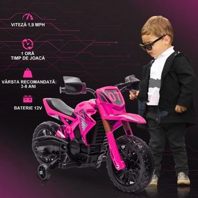 AIYAPLAY Moto cross electrică pentru copii 3-8 ani, baterie 6 V, 2 motoare, claxon și roți de antrenament, încărcare 30KG, roz | Aosom Romania