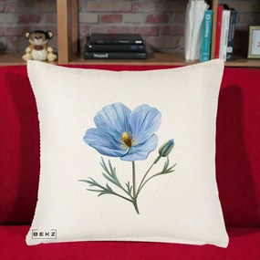 Perna Decorativa Mac Albastru Acuarela, 40x40 cm, Crem Reliefat, Husa Detasabila, Perna Inclusa, BEKZ®