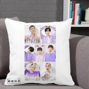 Perna Personalizata K-pop BTS Colaj 7 Portrete cu Inimi Lila, 40x40 cm, Alba Mata, Husa Detasabila, Perna Inclusa, BEKZ®