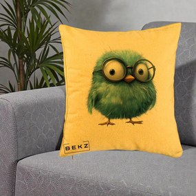 Perna Decorativa Pui Pufos Teal cu Ochelari, 40x40 cm, Galben, Husa Detasabila, Perna Inclusa, BEKZ®