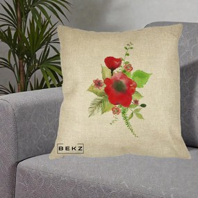 Perna Decorativa Buchet Rosu Acuarela, 40x40 cm, Crem, Husa Detasabila, Perna Inclusa, BEKZ®