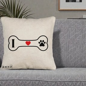 Perna Personalizata I Love Dog Os si Labuta, 40x40 cm, Bej Canapea, Husa Detasabila, Perna Inclusa, BEKZ®