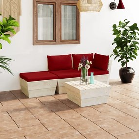 Set mobilier gradina din paleti cu perne, 4 piese, lemn molid Bordo, colt + mijloc + suport pentru picioare + masa, 1