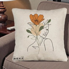 Perna Decorativa Portret Feminin Floare Portocalie, 40x40 cm, Bej Canapea, Husa Detasabila, Perna Inclusa, BEKZ®